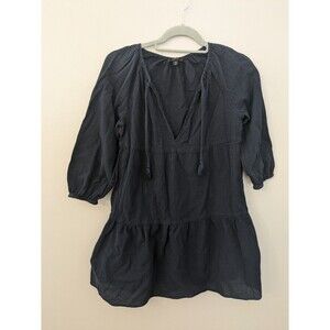 J Crew Gauzy Tiered Mini Dress XS Navy Blue  Cotton Lightweight Puff Sleeve